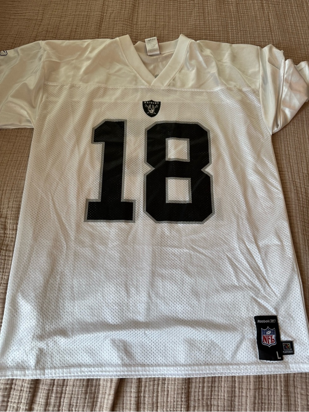 Reebok White and Black #18 Raiders Football Jersey